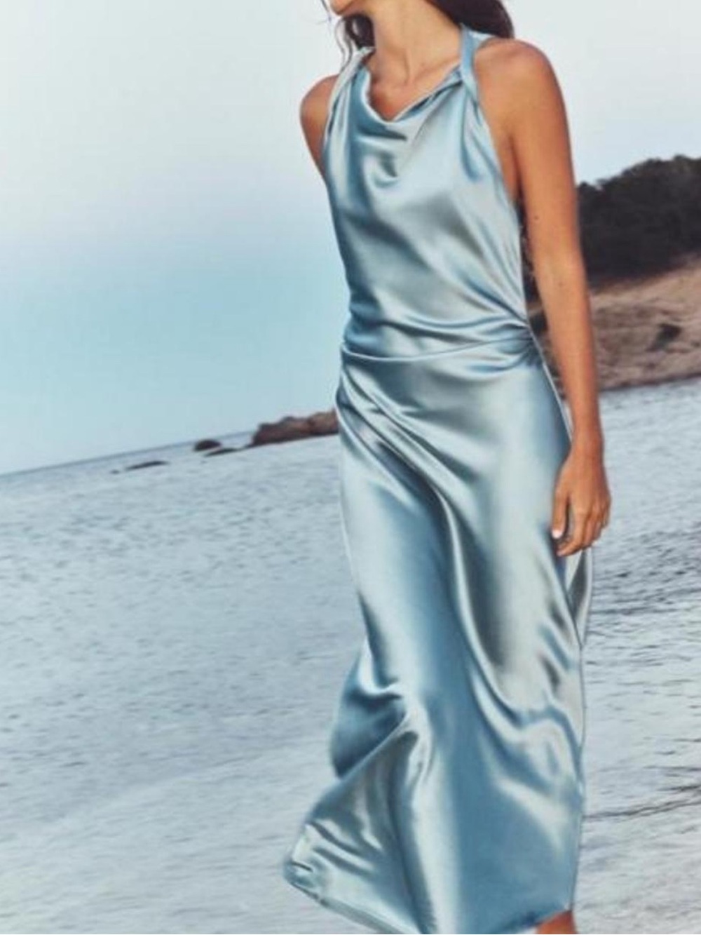 Zara Satin Cowl Neck Maxi Dress in Light Blue